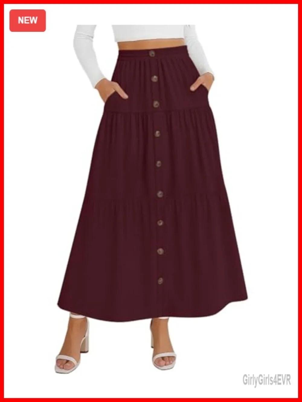 Womens Boho Maxi Skirt Tiered A-Line Elastic Waist Pull-On with Pockets